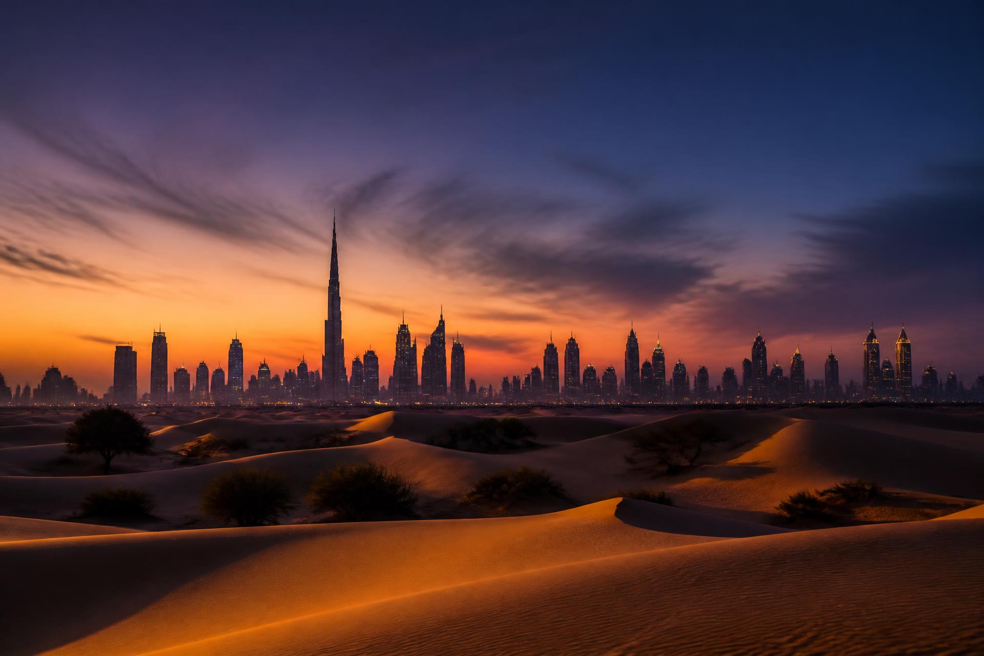 Dubai skyline silhouette behind golden desert dunes at dusk